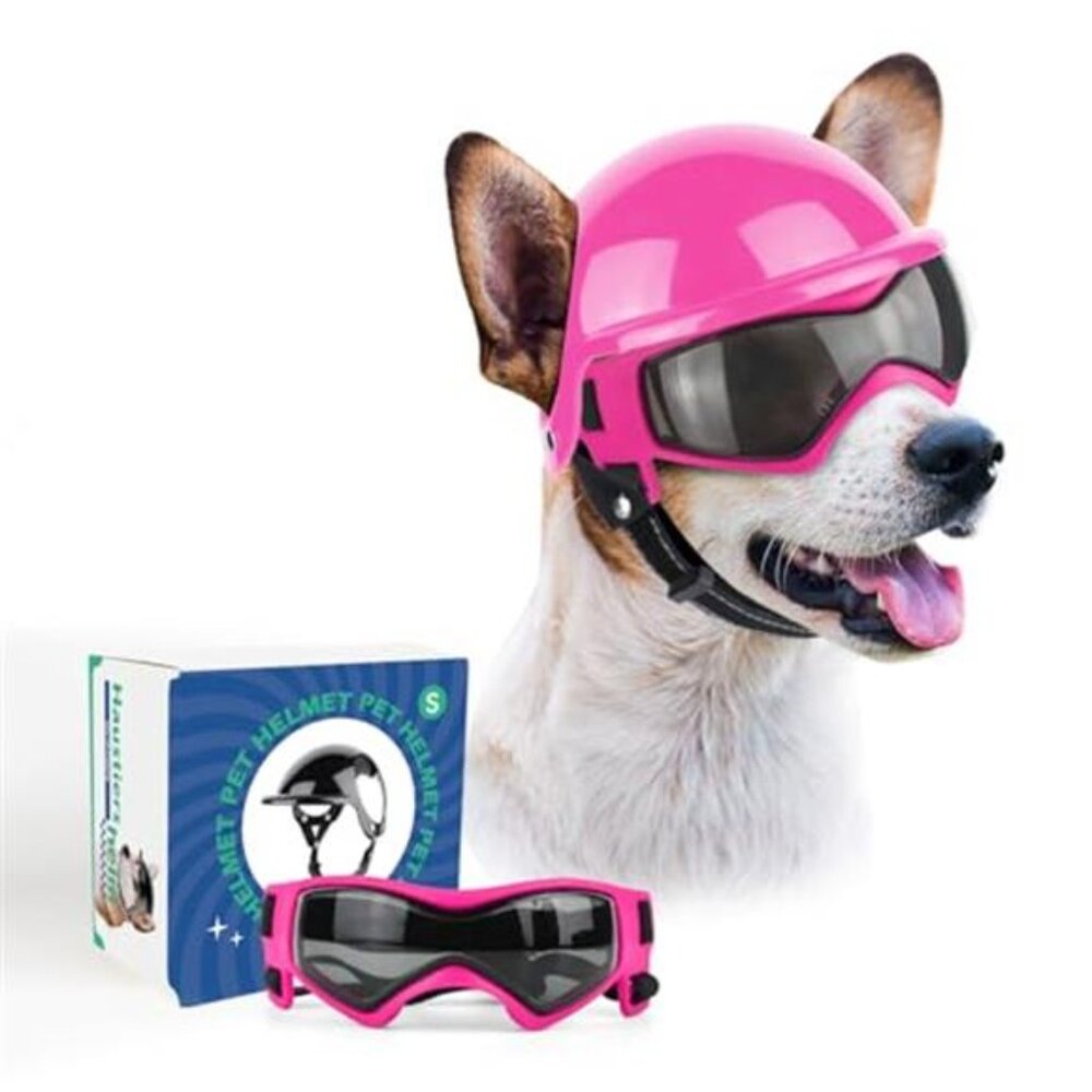 Small Dog Goggles and Helmet Set Pink Sunglasses Outdoor Walking Biking Safety